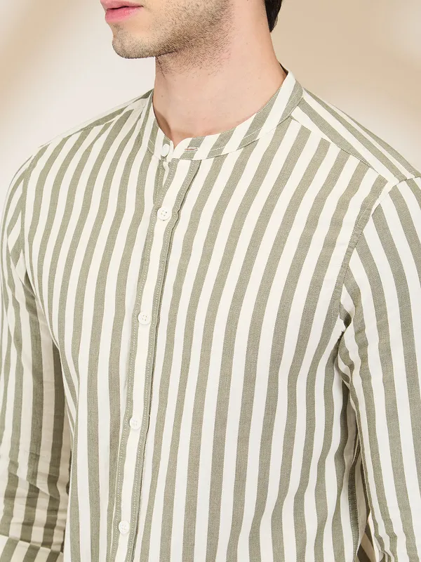 Being Human Men Green Vertical Stripes Band Collar Shirt