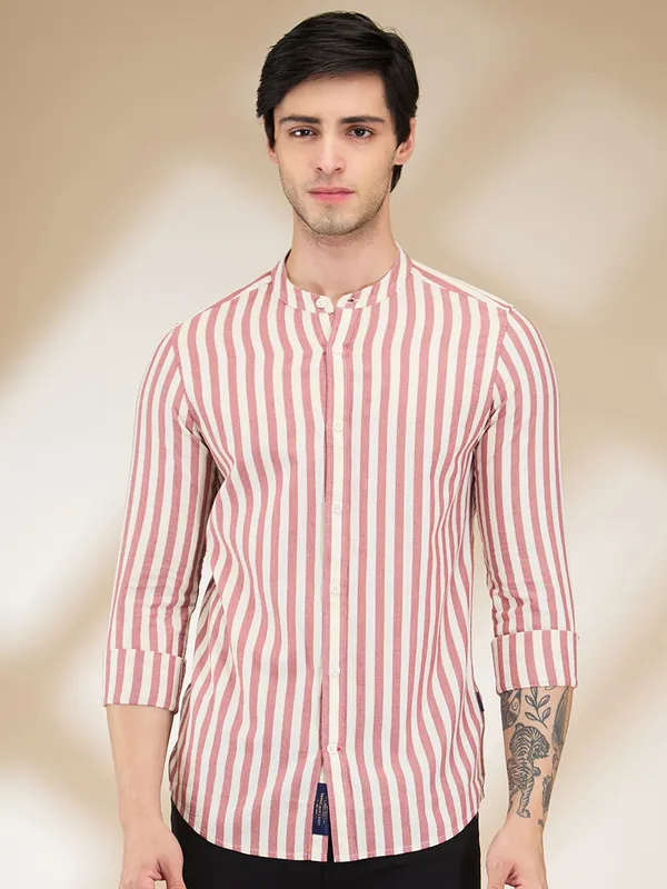 Being Human Men Red Vertical Stripes Band Collar Shirt
