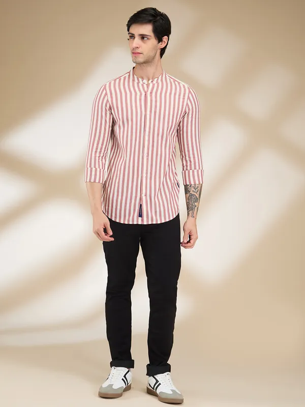 Being Human Men Red Vertical Stripes Band Collar Shirt