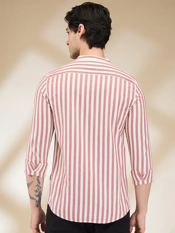 Being Human Men Red Vertical Stripes Band Collar Shirt