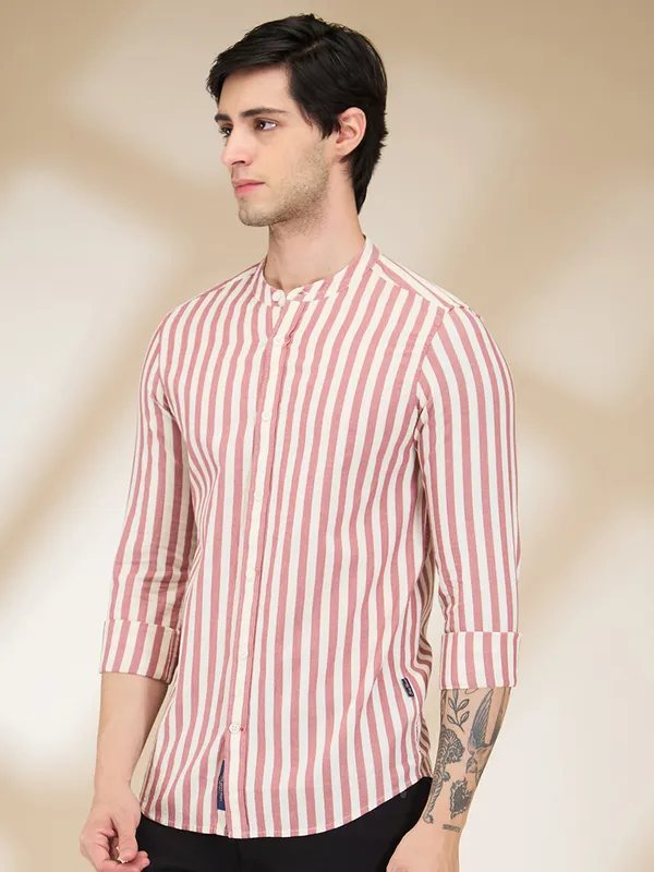 Being Human Men Red Vertical Stripes Band Collar Shirt
