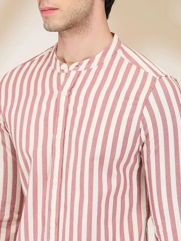Being Human Men Red Vertical Stripes Band Collar Shirt