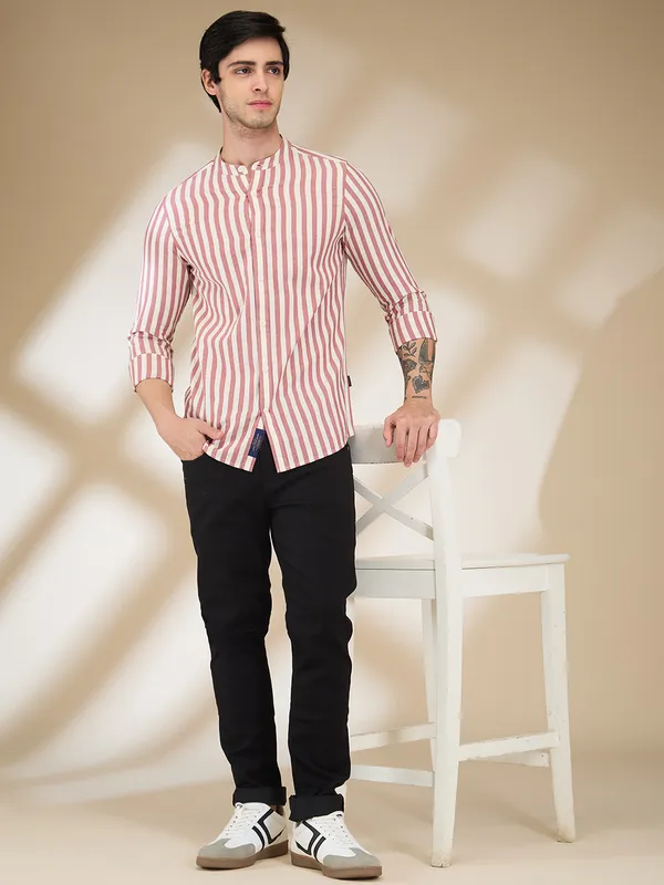 Being Human Men Red Vertical Stripes Band Collar Shirt