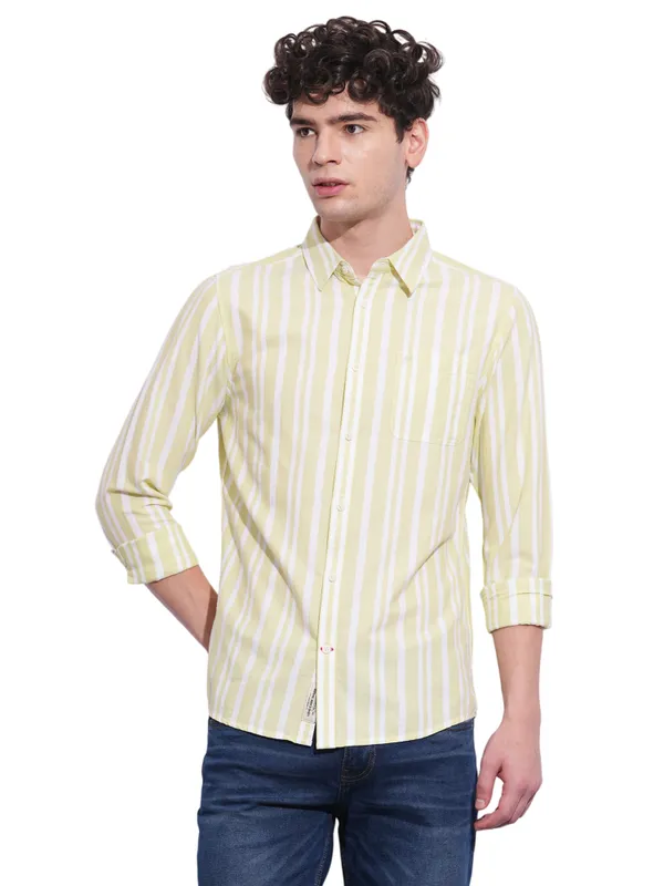 Being Human Clothing Men Blue Vertical Stripes Band Collar Shirt