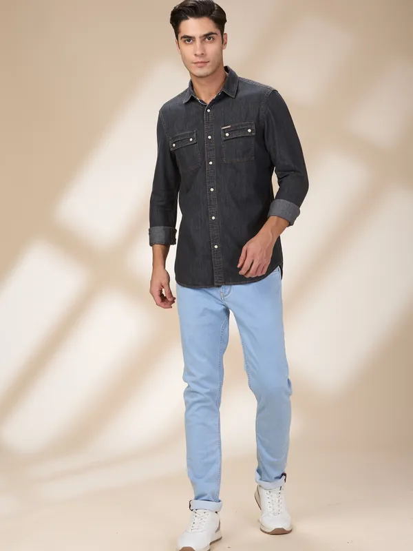Being Human Clothing Men Black Solid Spread Collar Shirt