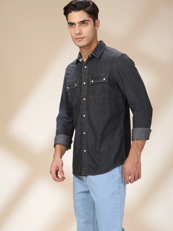 Being Human Clothing Men Black Solid Spread Collar Shirt