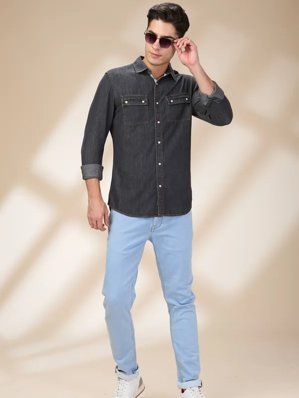 Being Human Clothing Men Black Solid Spread Collar Shirt