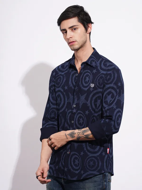 Being Human Men's Blue Captain America Denim Shirt