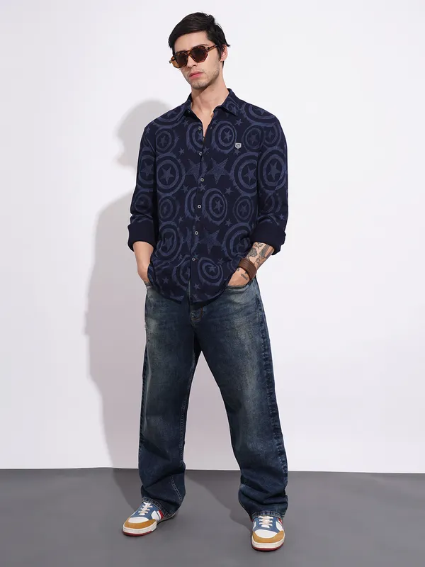Being Human Men's Blue Captain America Denim Shirt