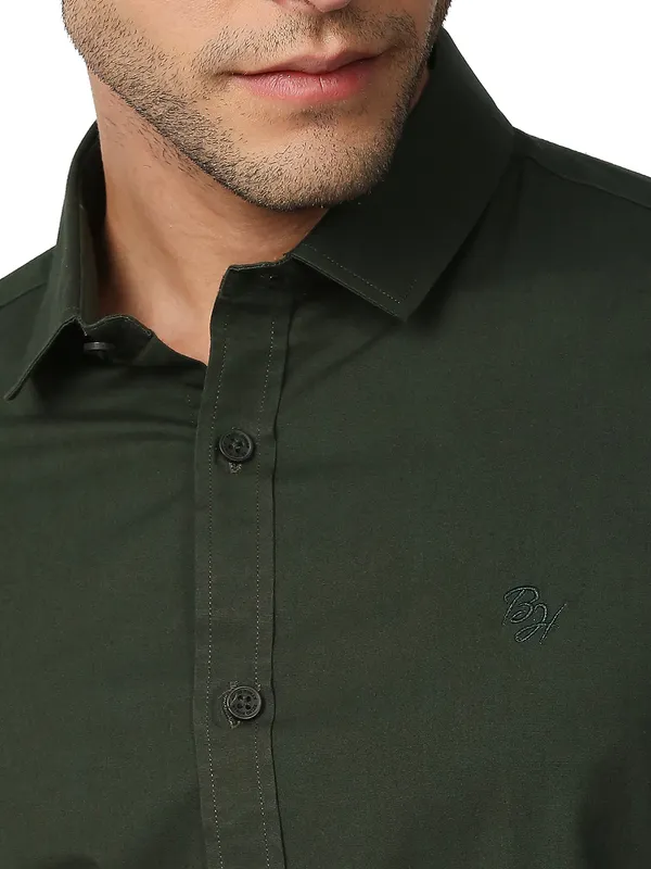 Being Human Super Slim Fit Men Collared Shirts-Bottle Green