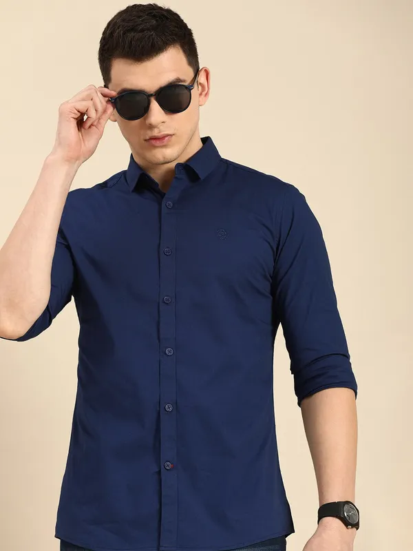 Being Human Super Slim Fit Men Collared Shirts-Ink Blue