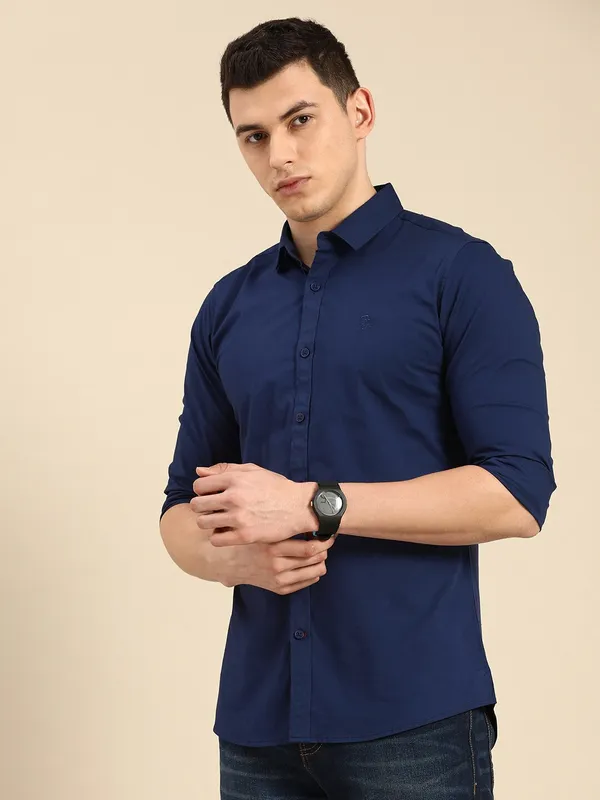 Being Human Super Slim Fit Men Collared Shirts-Ink Blue