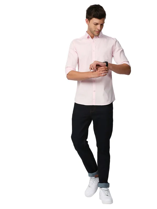 Being Human Super Slim Fit Men Collared Shirts-Pink