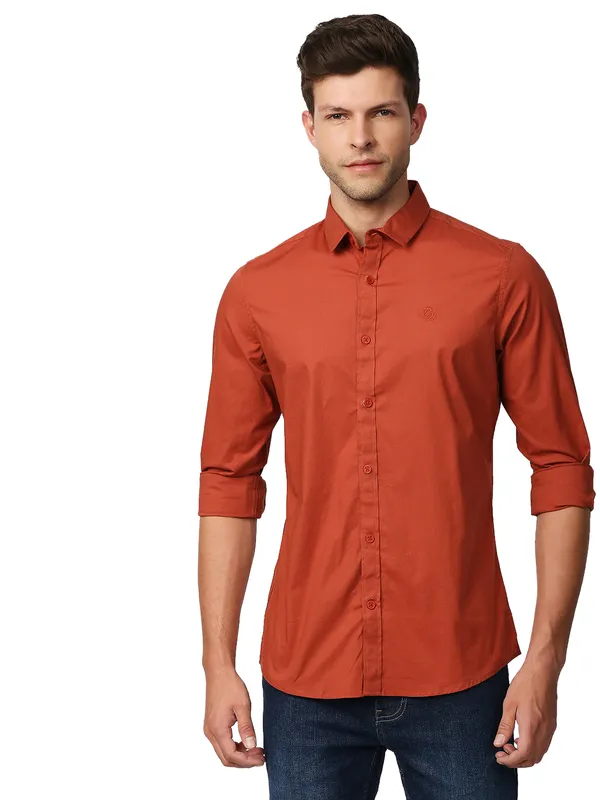 Being Human Super Slim Fit Men Collared Shirts-Rust