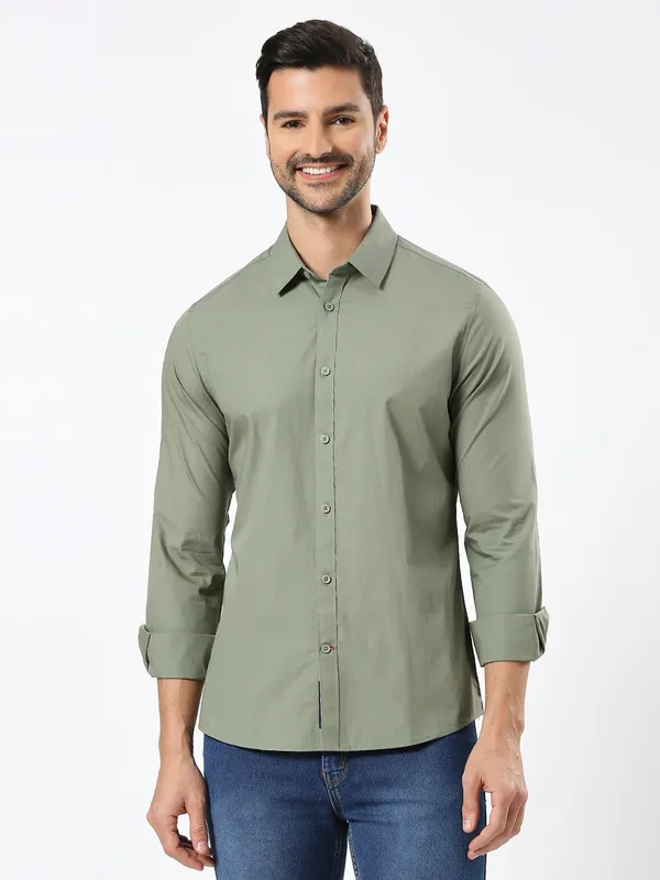 Being Human Men Slim Fit Shirts-Light Olive