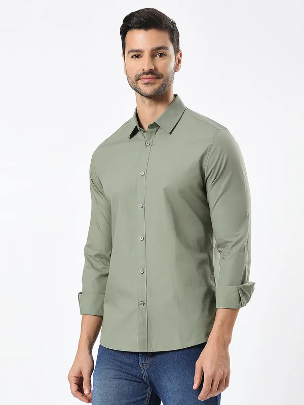 Being Human Men Slim Fit Shirts-Light Olive