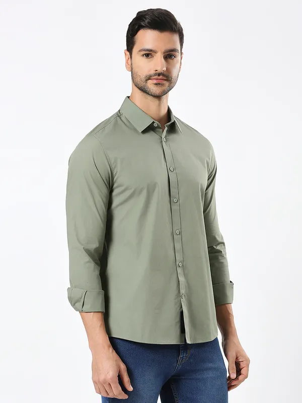 Being Human Men Slim Fit Shirts-Light Olive