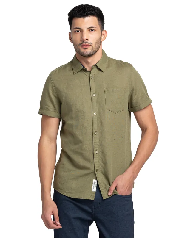 Being Human Slim Fit Men Collared Shirts-Olive