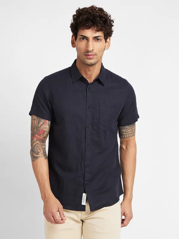 Being Human Slim Fit Men Collared Shirts-Black