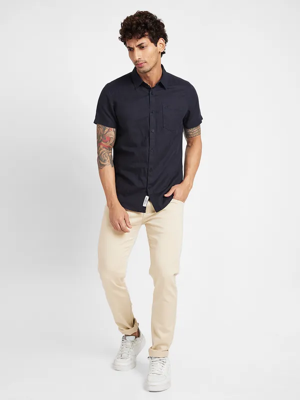 Being Human Slim Fit Men Collared Shirts-Black