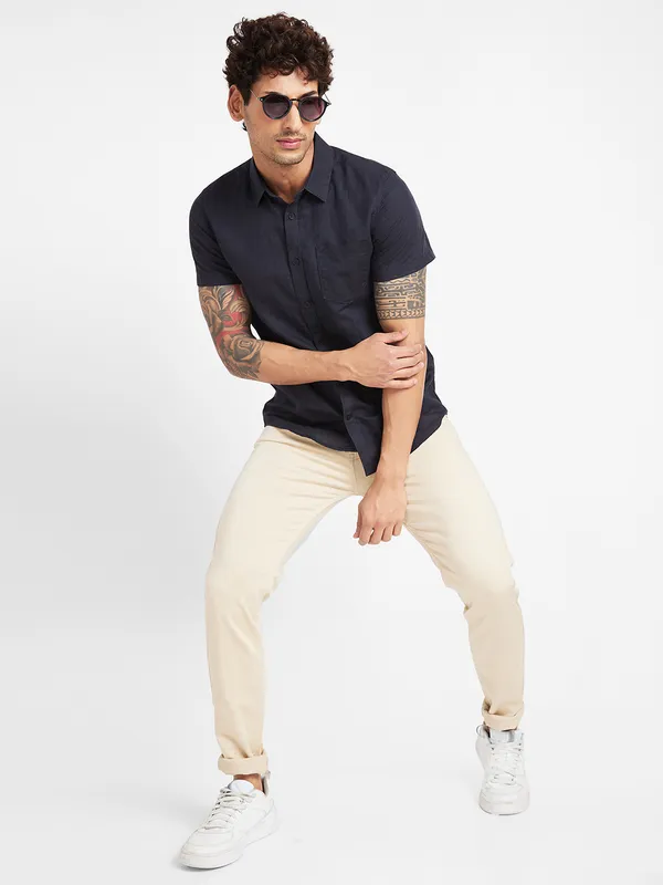 Being Human Slim Fit Men Collared Shirts-Black