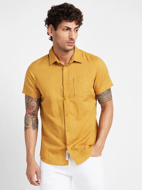 Being Human Slim Fit Men Collared Shirts-Mustard
