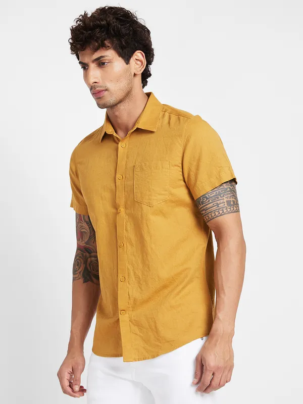 Being Human Slim Fit Men Collared Shirts-Mustard