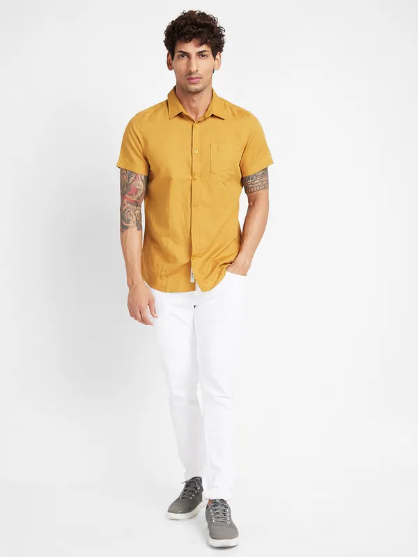 Being Human Slim Fit Men Collared Shirts-Mustard
