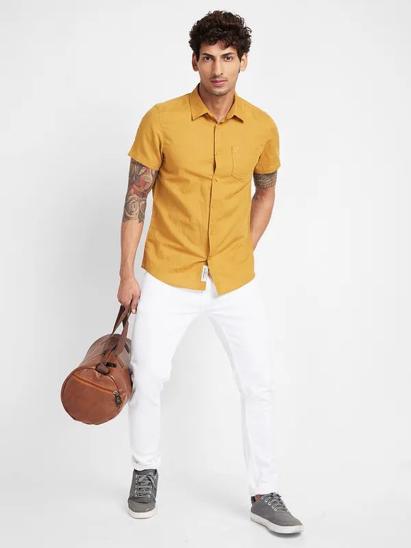 Being Human Slim Fit Men Collared Shirts-Mustard