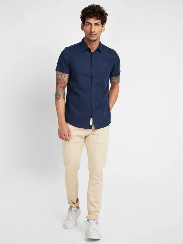 Being Human Slim Fit Men Collared Shirts-Navy