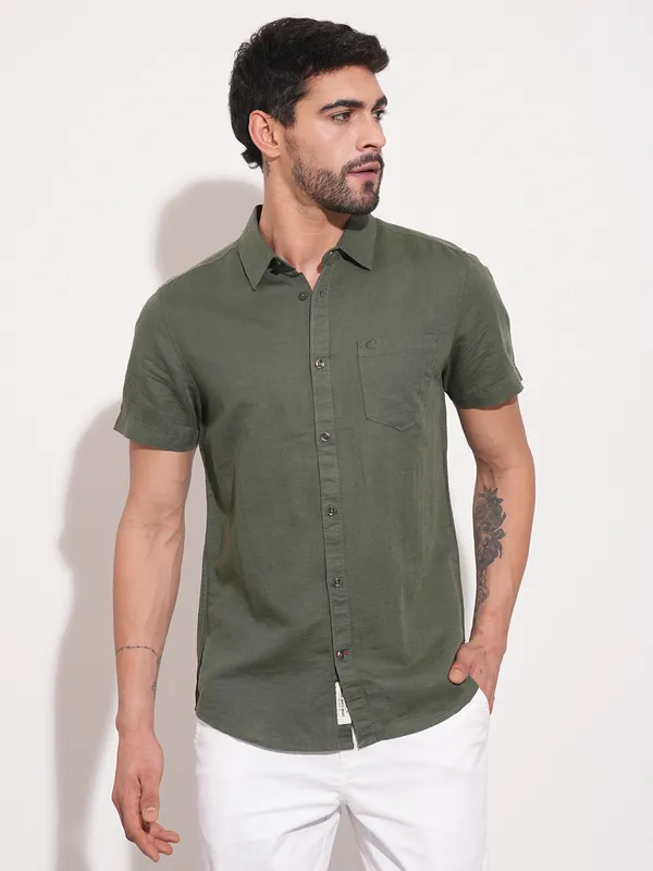 Being Human Men Slim Fit Shirts-Olive