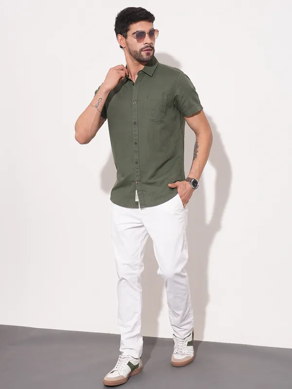 Being Human Men Slim Fit Shirts-Olive