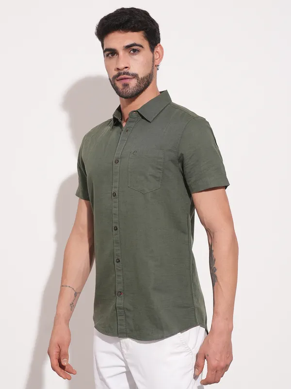 Being Human Men Slim Fit Shirts-Olive