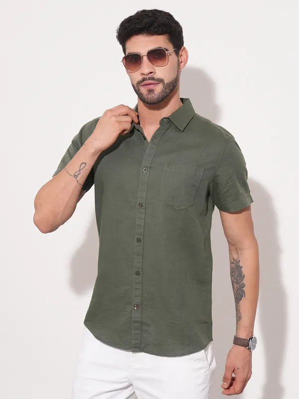 Being Human Men Slim Fit Shirts-Olive