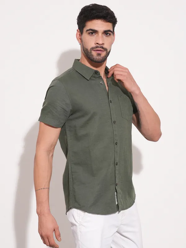 Being Human Men Slim Fit Shirts-Olive