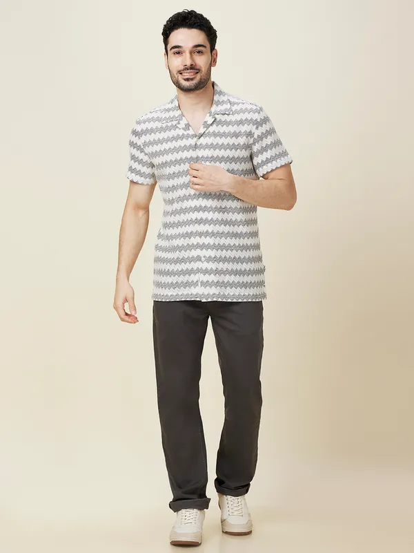 Being Human Men White Chevron Camp Collar Shirt