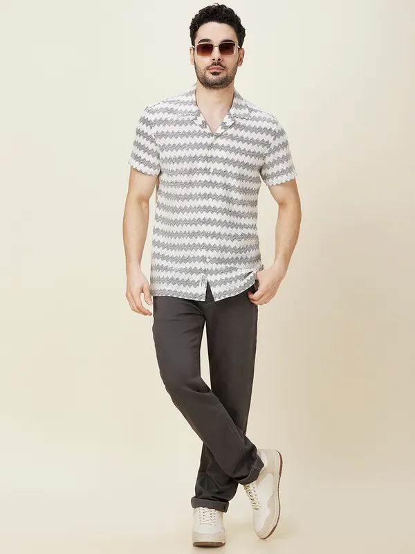 Being Human Men White Chevron Camp Collar Shirt