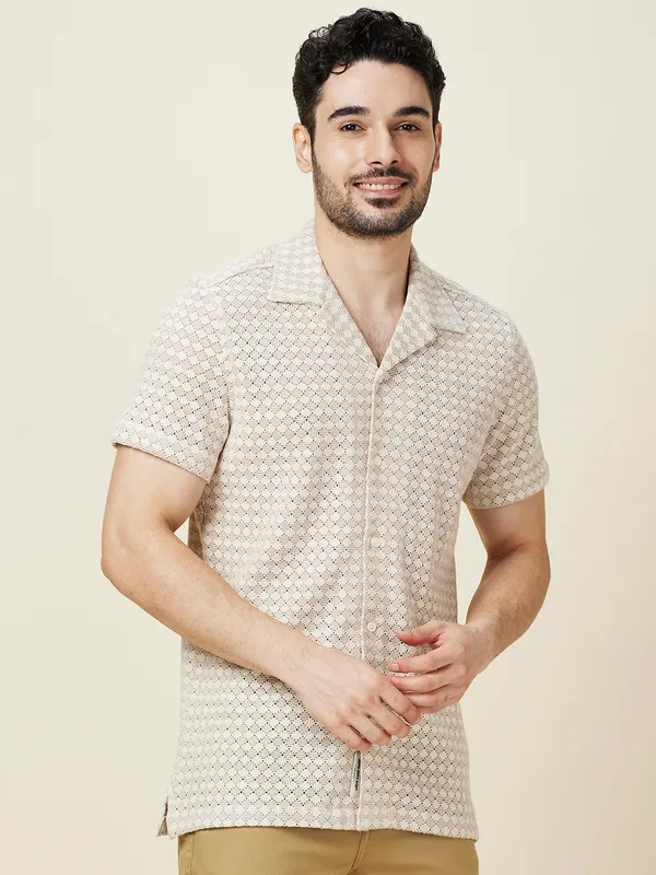 Being Human Clothing Men Beige Self Design Camp Collar Shirt