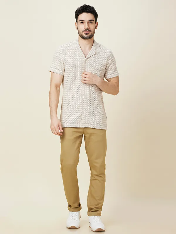 Being Human Clothing Men Beige Self Design Camp Collar Shirt