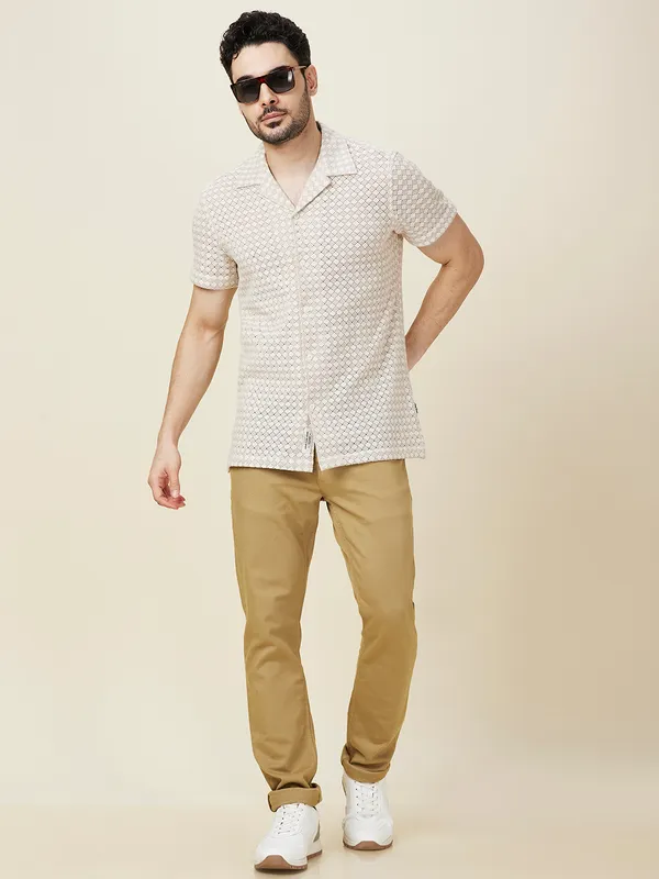 Being Human Clothing Men Beige Self Design Camp Collar Shirt
