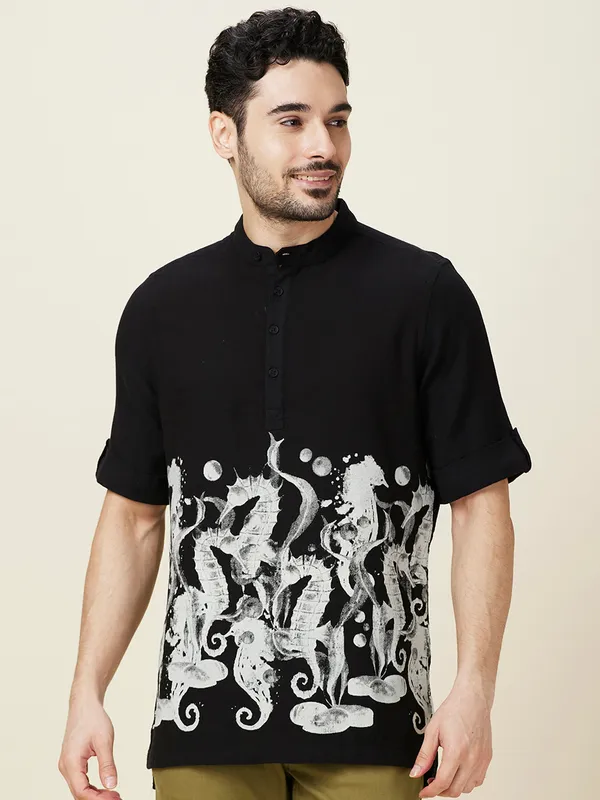 Being Human Clothing Men Grey Graphic Band Collar Shirt