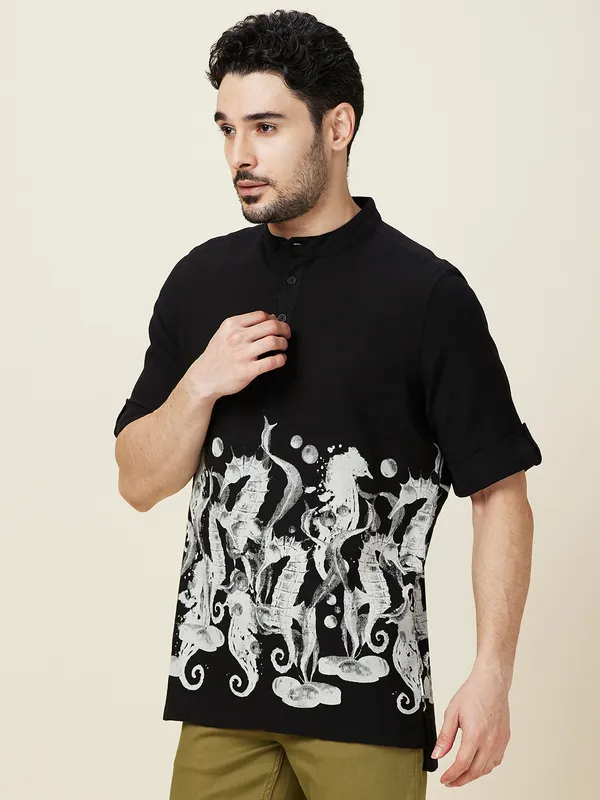 Being Human Clothing Men Grey Graphic Band Collar Shirt