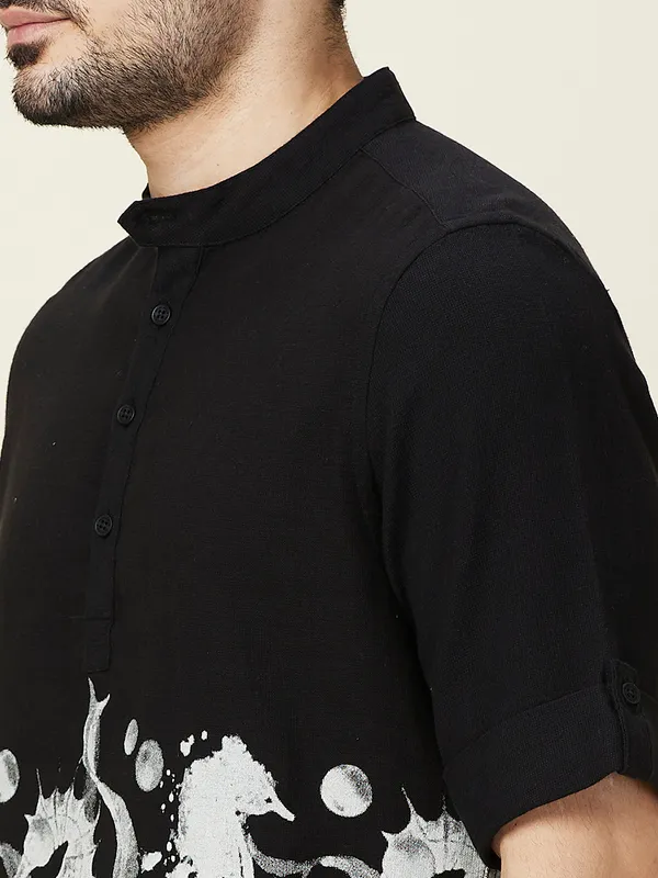 Being Human Clothing Men Grey Graphic Band Collar Shirt