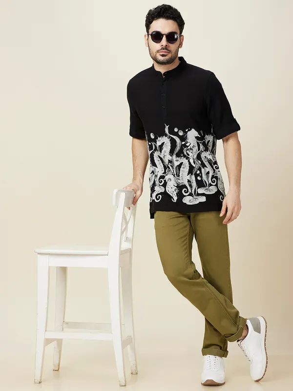 Being Human Clothing Men Grey Graphic Band Collar Shirt