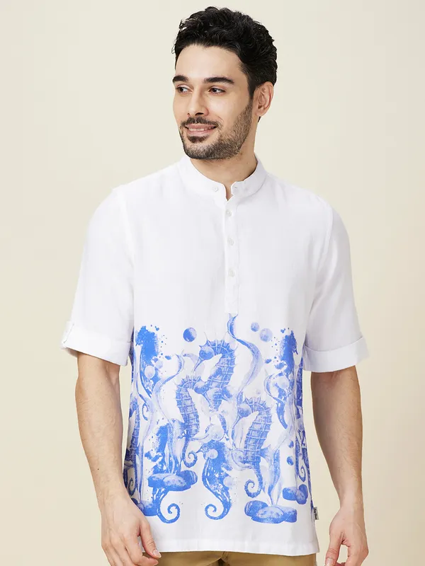 Being Human Clothing Men White Graphic Band Collar Shirt