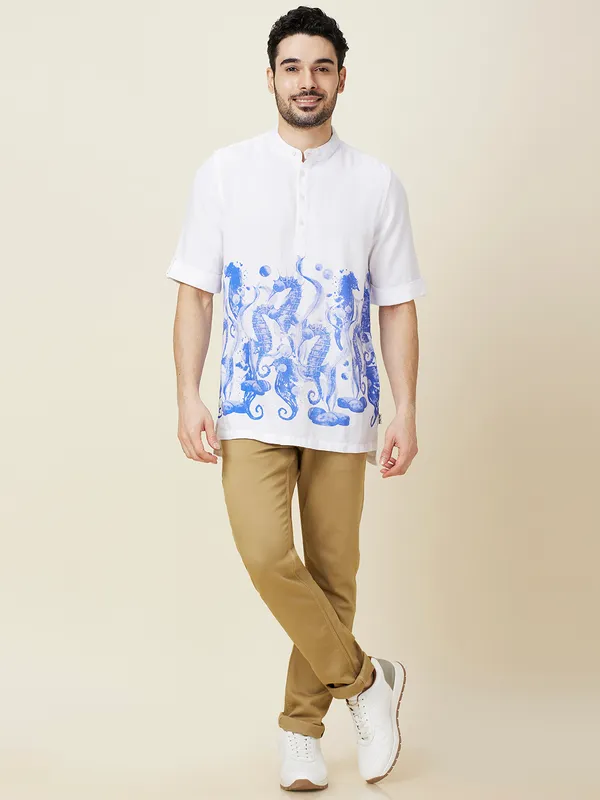 Being Human Clothing Men White Graphic Band Collar Shirt