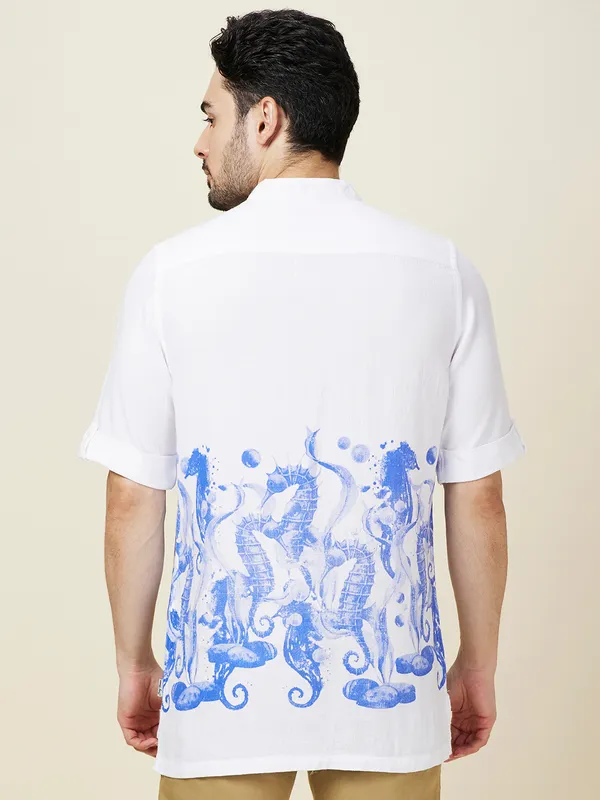 Being Human Clothing Men White Graphic Band Collar Shirt