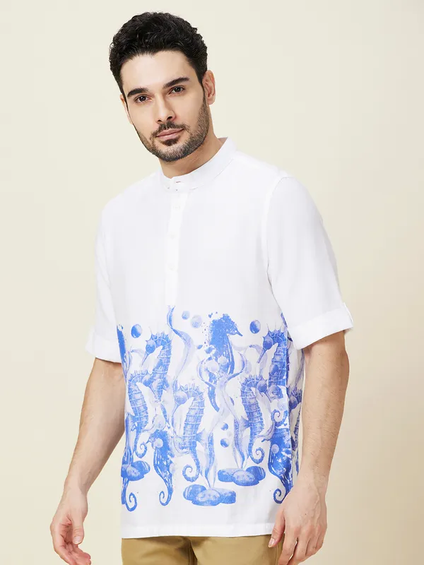Being Human Clothing Men White Graphic Band Collar Shirt