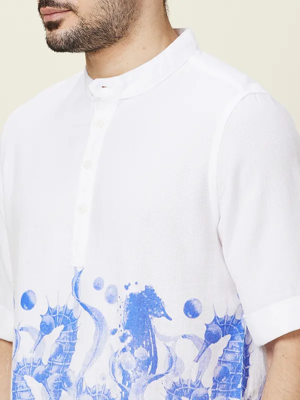 Being Human Clothing Men White Graphic Band Collar Shirt