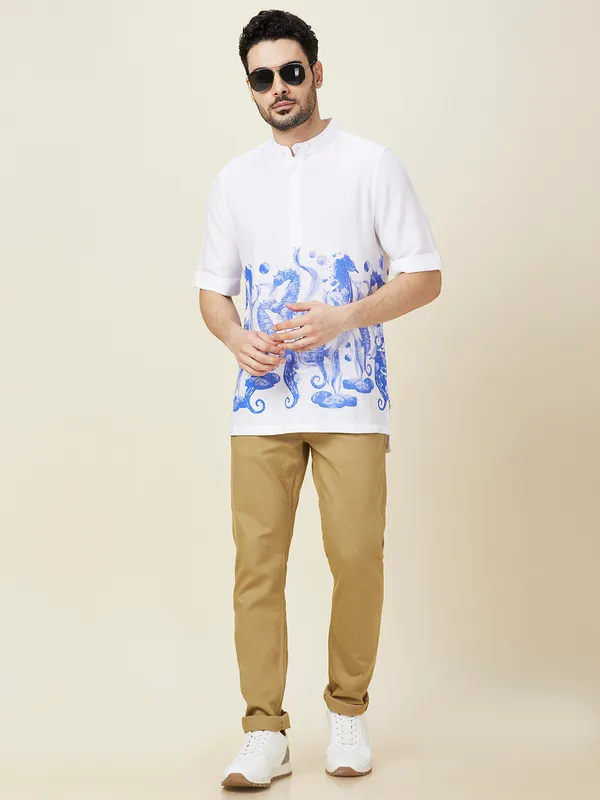 Being Human Clothing Men White Graphic Band Collar Shirt